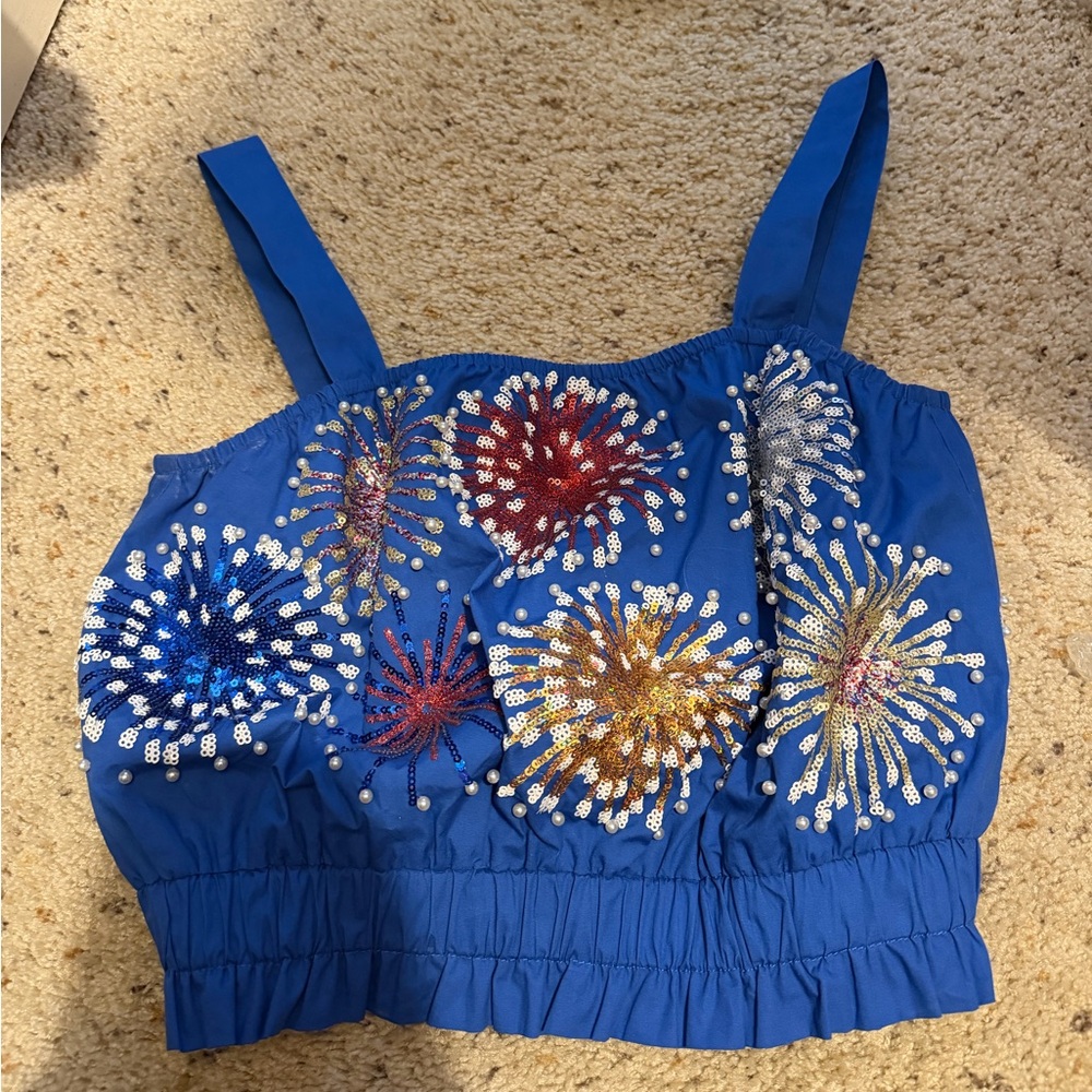 QUEEN OF SPARKLES Blue Fireworks Sequin Top